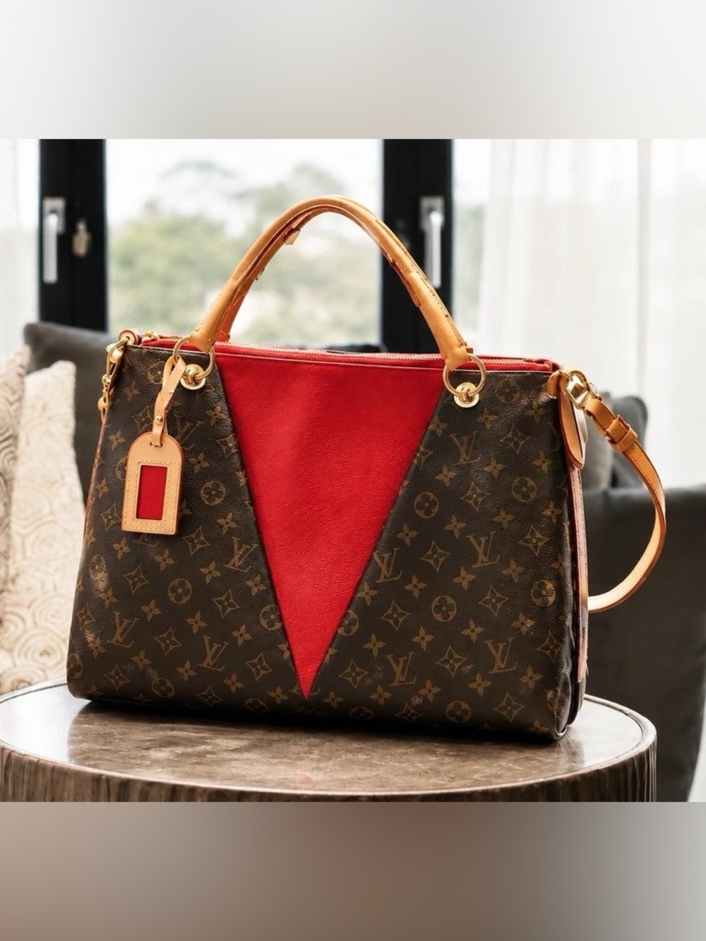 LOUIS VUITTON Pallas V Tote MM Monogram Canvas Red Leather Authenticated FL2280